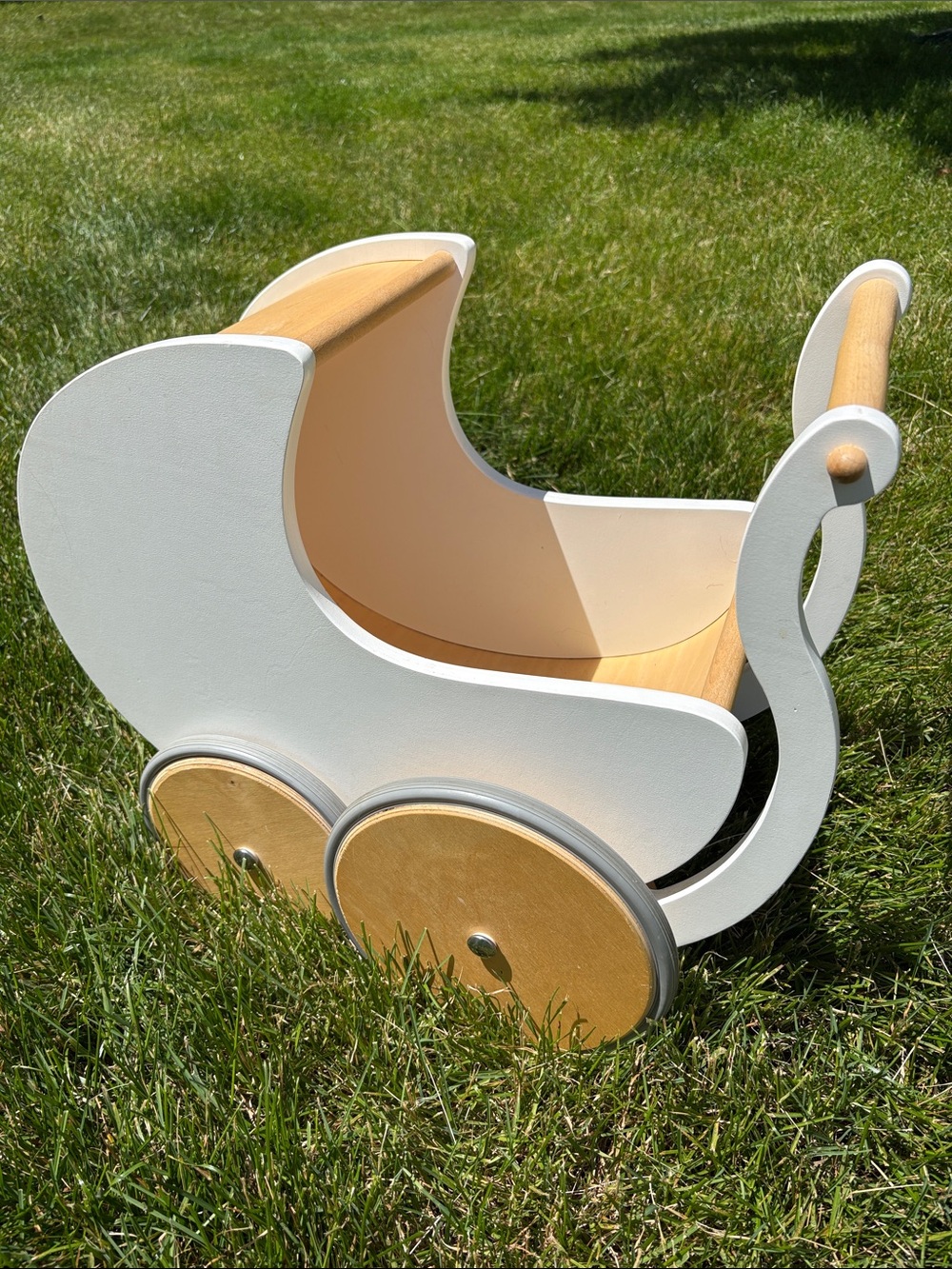 White and Natural Wooden Doll Pram - Classic Kids Doll Stroller Kinderfeets
